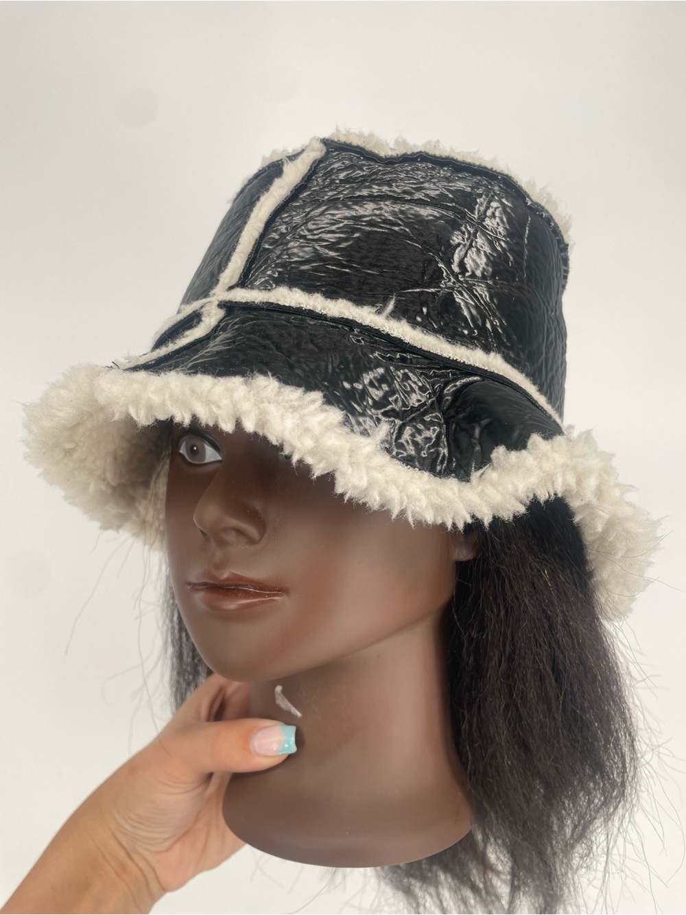 Garage Shiny Black Sherpa Lined Winter Bucket Hat Furry Exposed Contrast Seams
